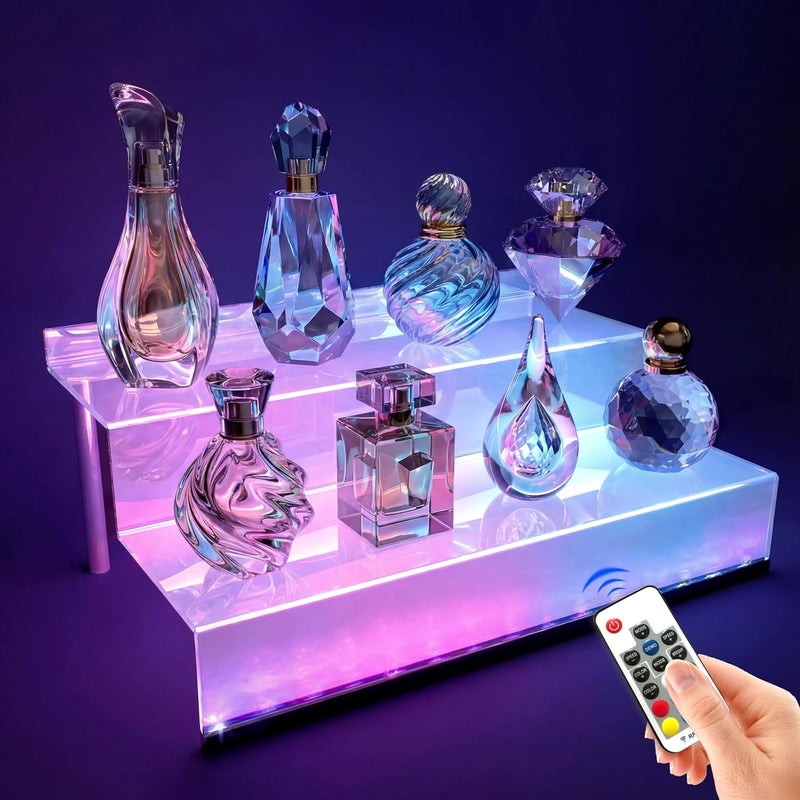 YMVV 12 Inch Clear Acrylic Shelf for Perfume Organizer with LED Light, Large 2 Tier Cologne Organizer Tiered Riser Display Stand,Acrylic Display for Decoration - Image 1